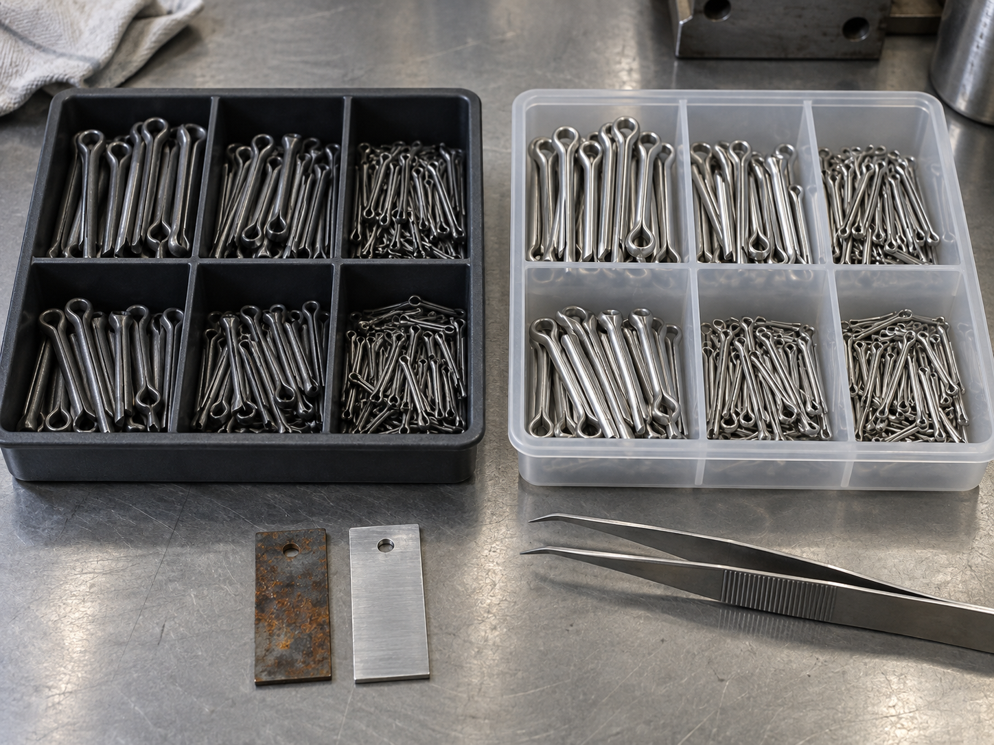 Plain carbon steel and stainless steel cotter pins in separate inspection trays
