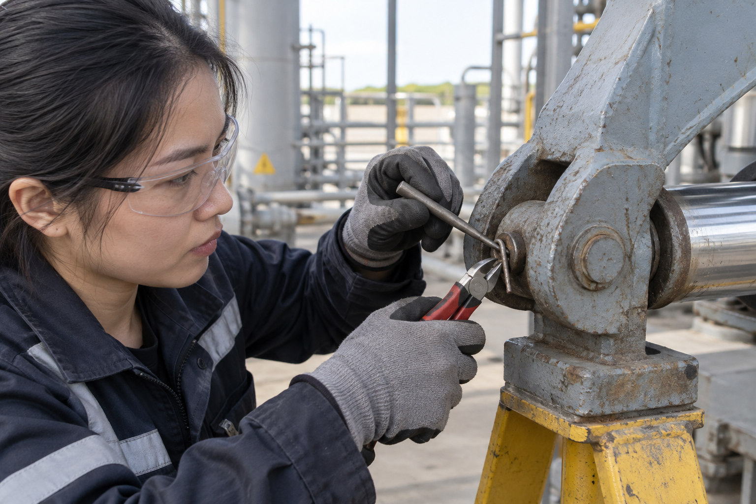Technician cutting and driving out a used cotter pin with side cutters and a punch