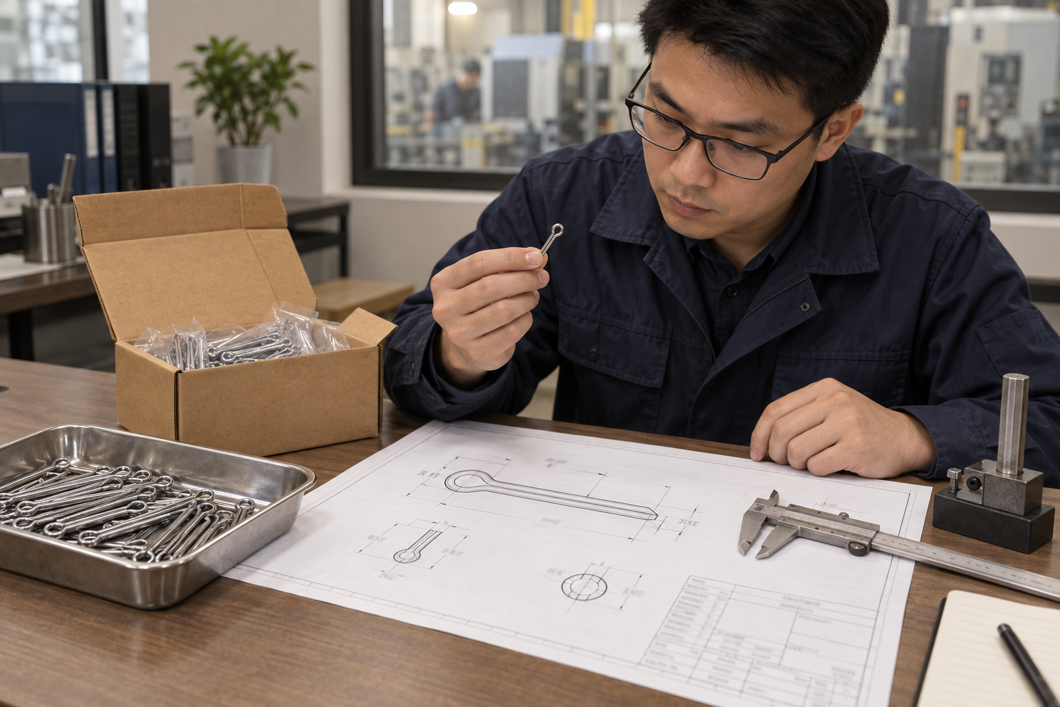 Engineer preparing a cotter pin RFQ with a drawing, sample, caliper, gauge, and packaging notes