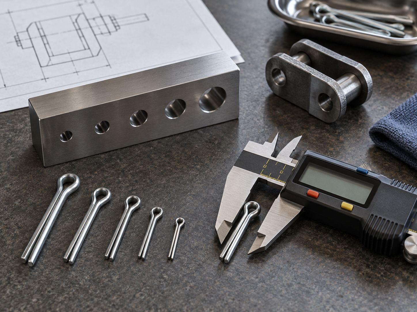 Cotter pin and cross-hole diameter gauges compared with a caliper on a metrology bench