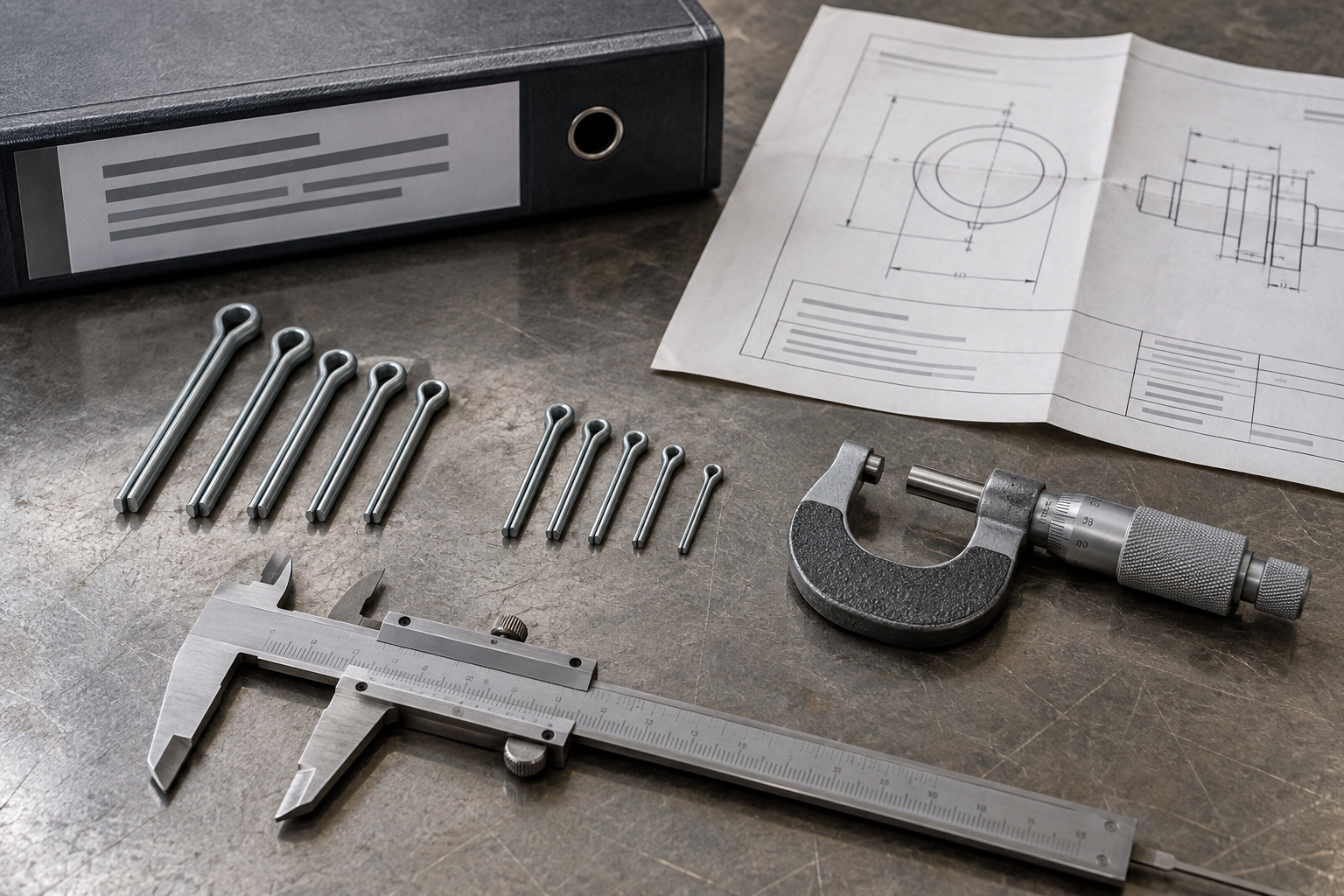 Metric and inch cotter pin samples with a caliper and standard reference documents on a workbench