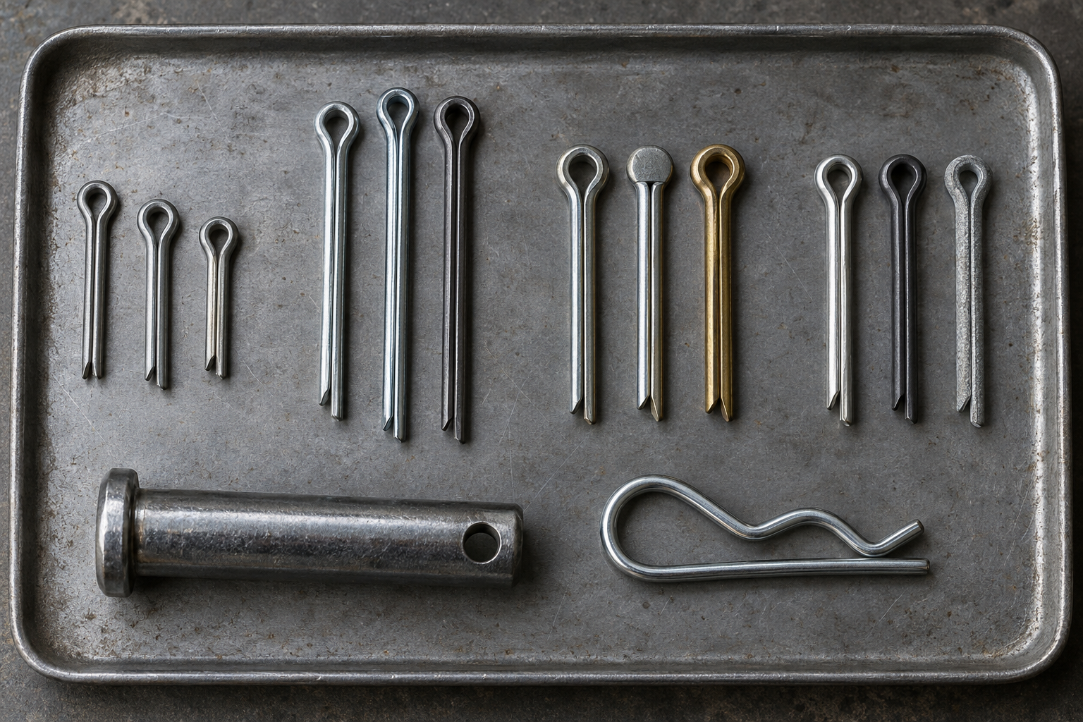 Several cotter pin forms arranged beside a removable retaining clip and a clevis pin