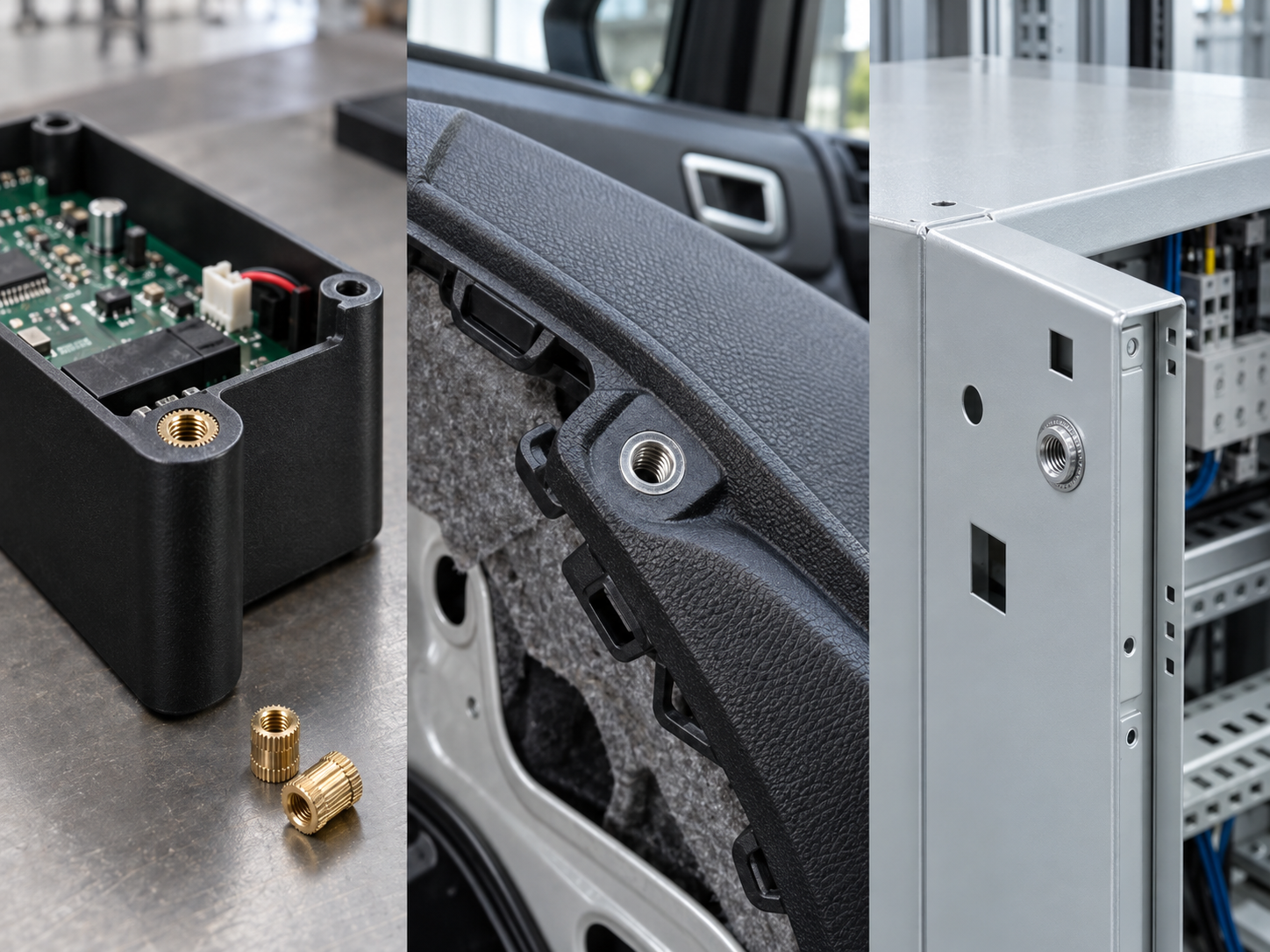 Threaded inserts used in an electronics enclosure, vehicle interior panel, and sheet-metal control cabinet