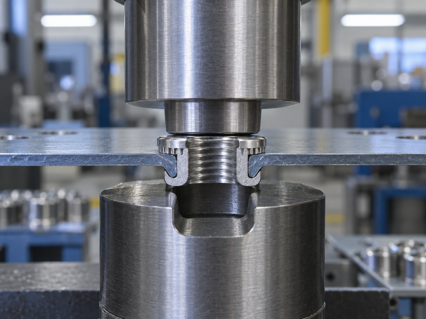 Parallel punch and anvil pressing a self-clinching insert nut into a thin steel panel