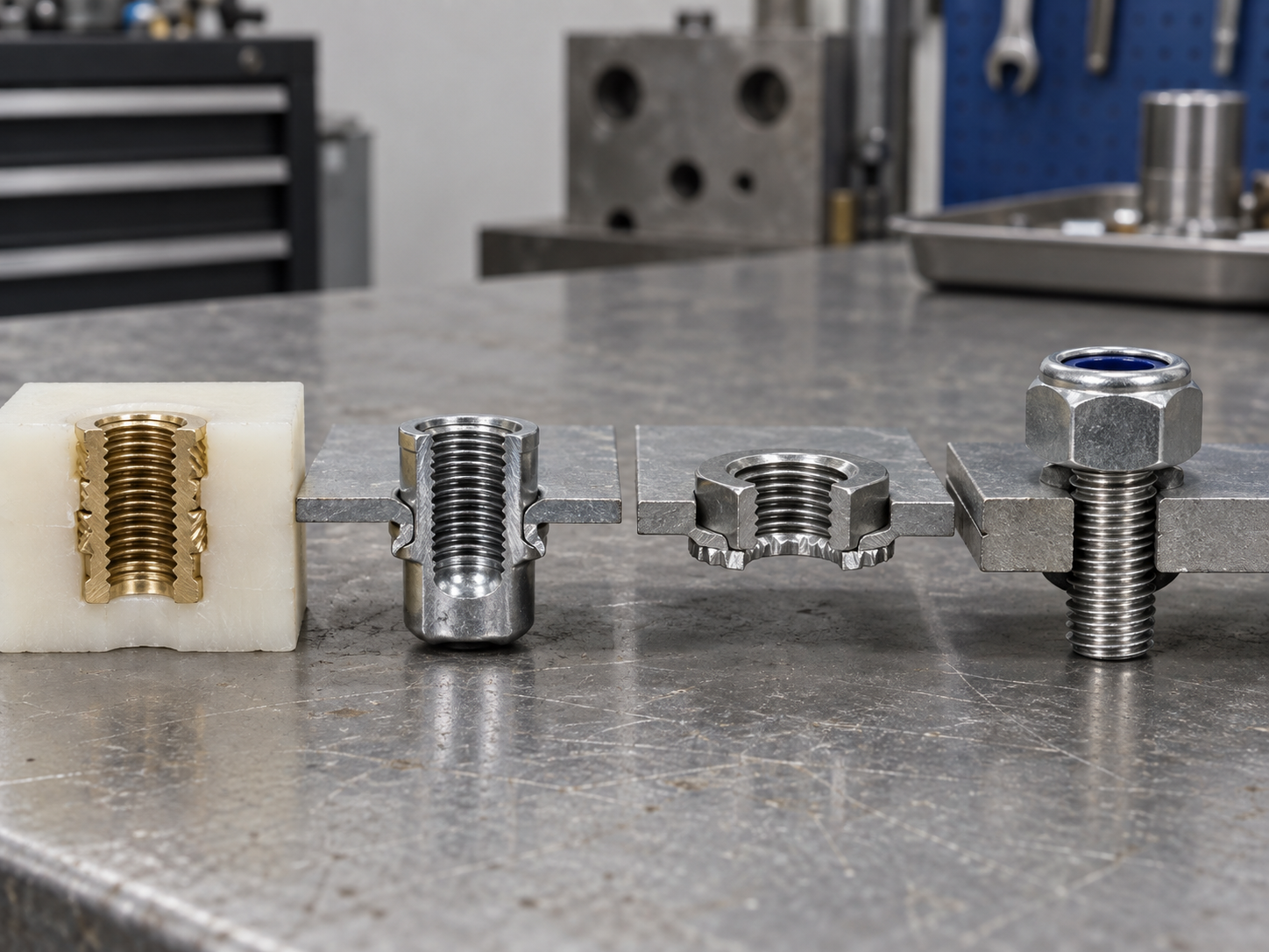 Cutaway comparison of a threaded insert, blind rivet nut, self-clinching nut, and nylon locknut