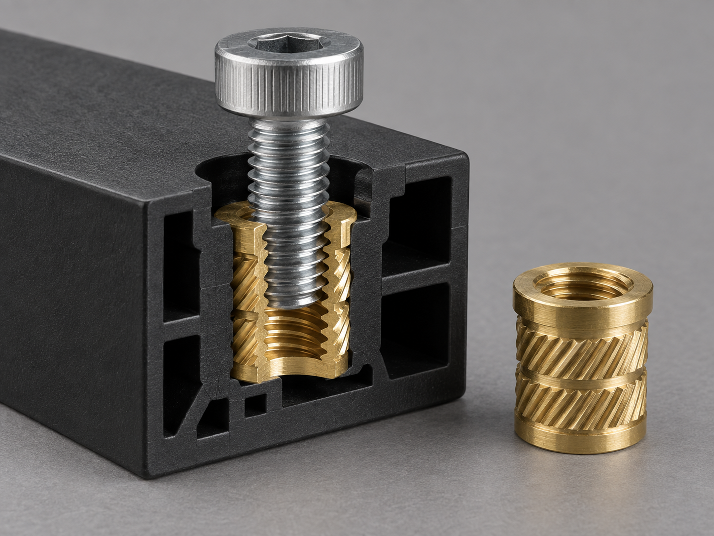 Section view of a metal threaded insert creating a reusable female thread inside a plastic block