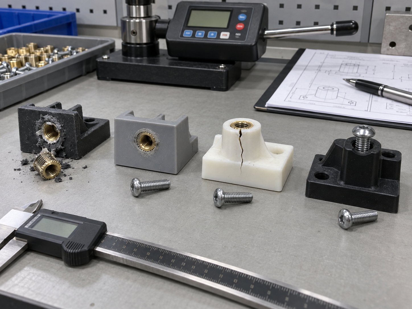 Inspection samples showing insert spin-out, pull-out, cracked plastic boss, and screw bottoming