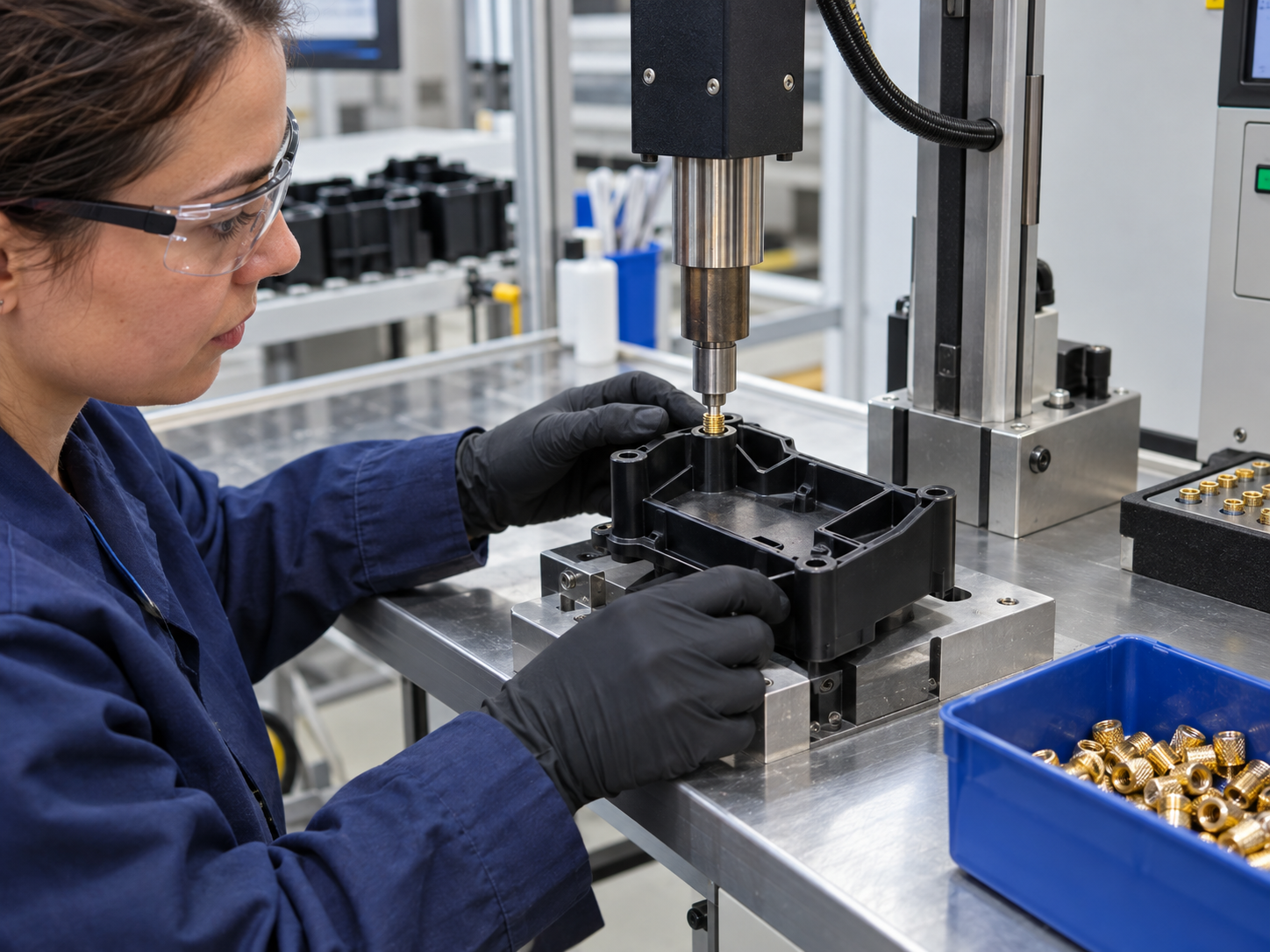 Temperature-controlled tool inserting a brass threaded insert straight into a thermoplastic housing boss