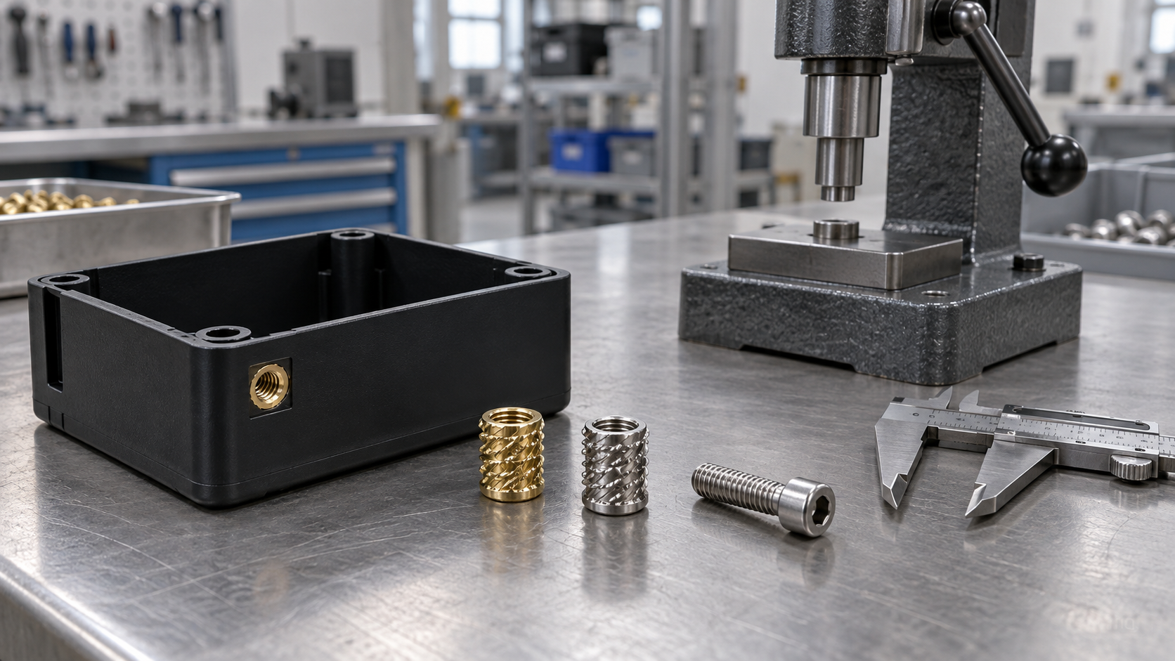 Threaded insert nut and screw assemblies installed in a plastic enclosure and sheet-metal panel