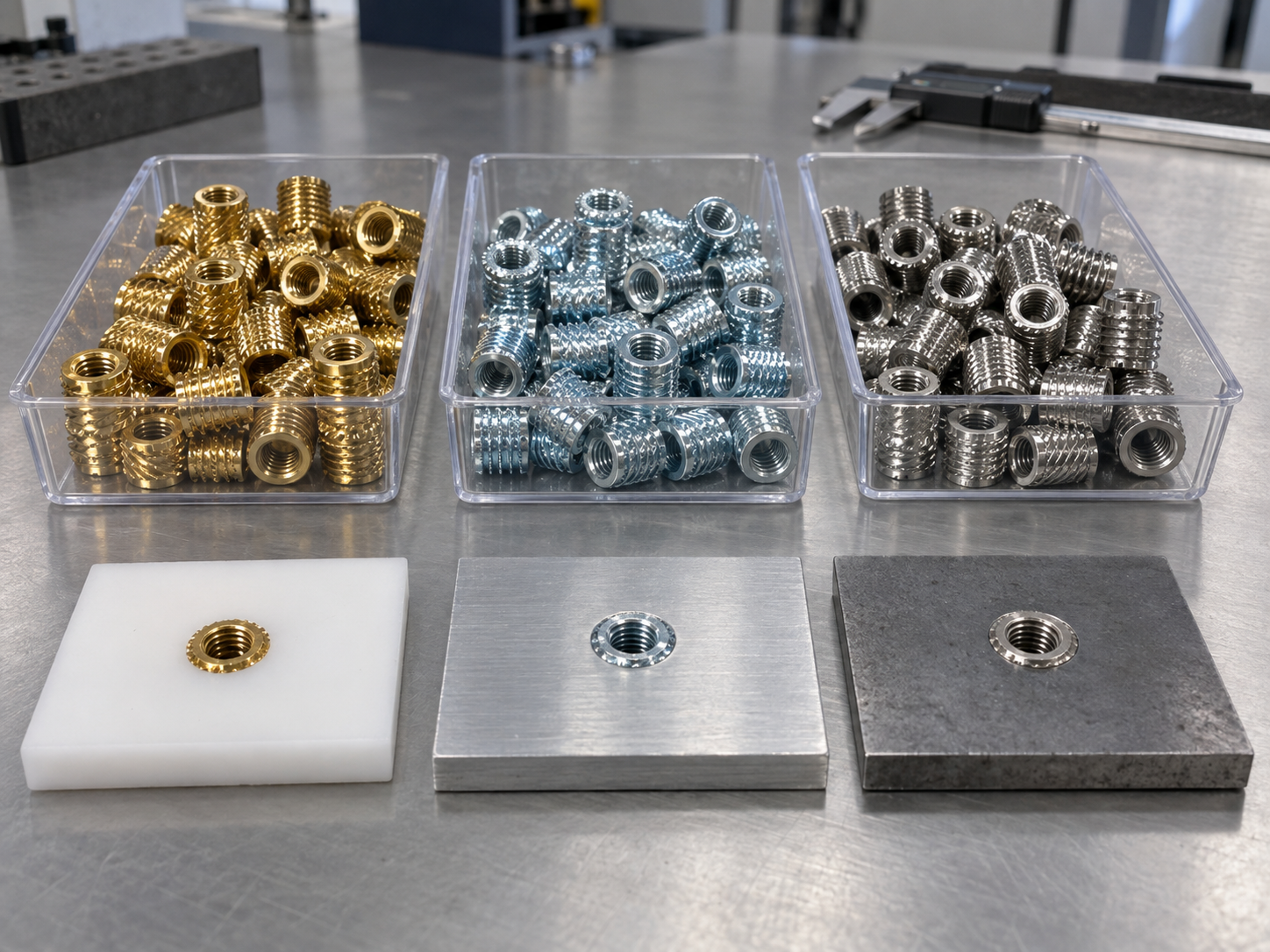 Brass, carbon steel, and stainless steel insert nuts compared beside plastic, aluminum, and steel host samples