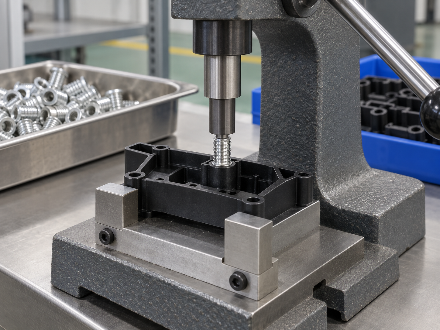 Arbor press installing a barbed threaded insert vertically into a molded plastic part without heat