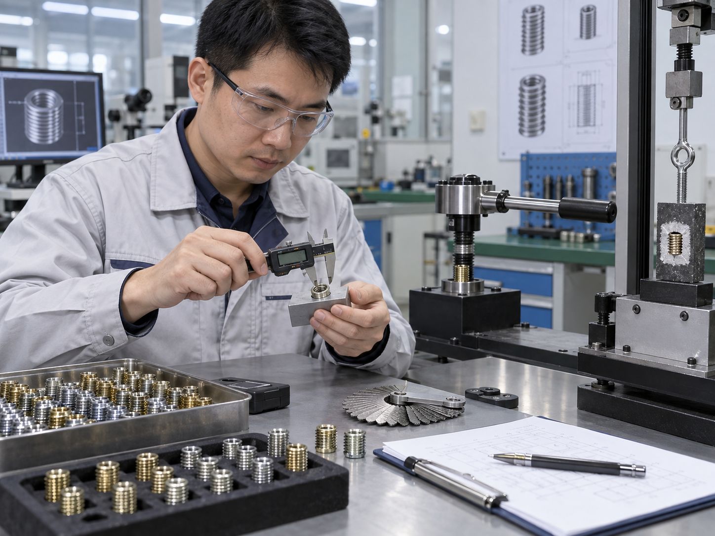 Quality engineer checking insert nut thread gauge, height, and spin-out torque in a factory lab