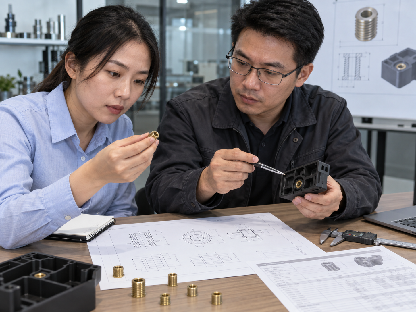 Procurement and engineering team reviewing an insert nut drawing, host sample, quantities, and inspection conditions