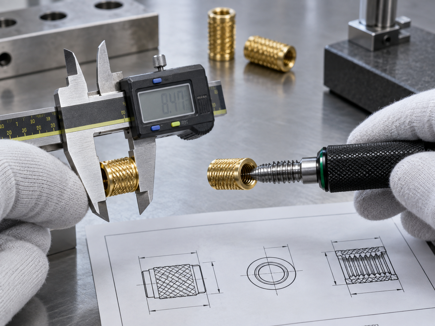 Digital caliper and thread gauge measuring insert nut thread, outside diameter, and length