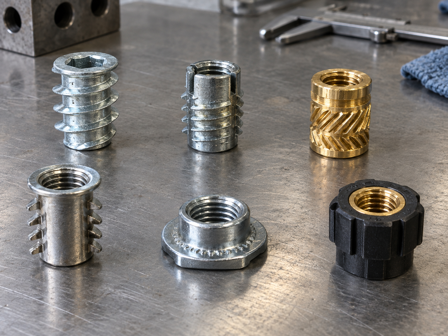 Screw-in, press-in, heat-set, and self-clinching insert nut forms compared on an industrial bench