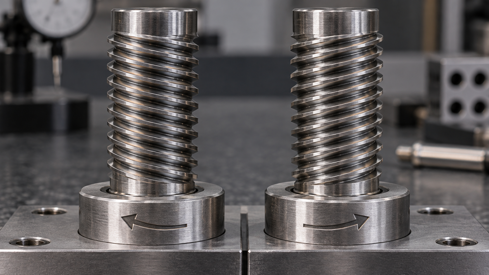 Close-up of left-hand and right-hand helical thread forms on machined fastener samples