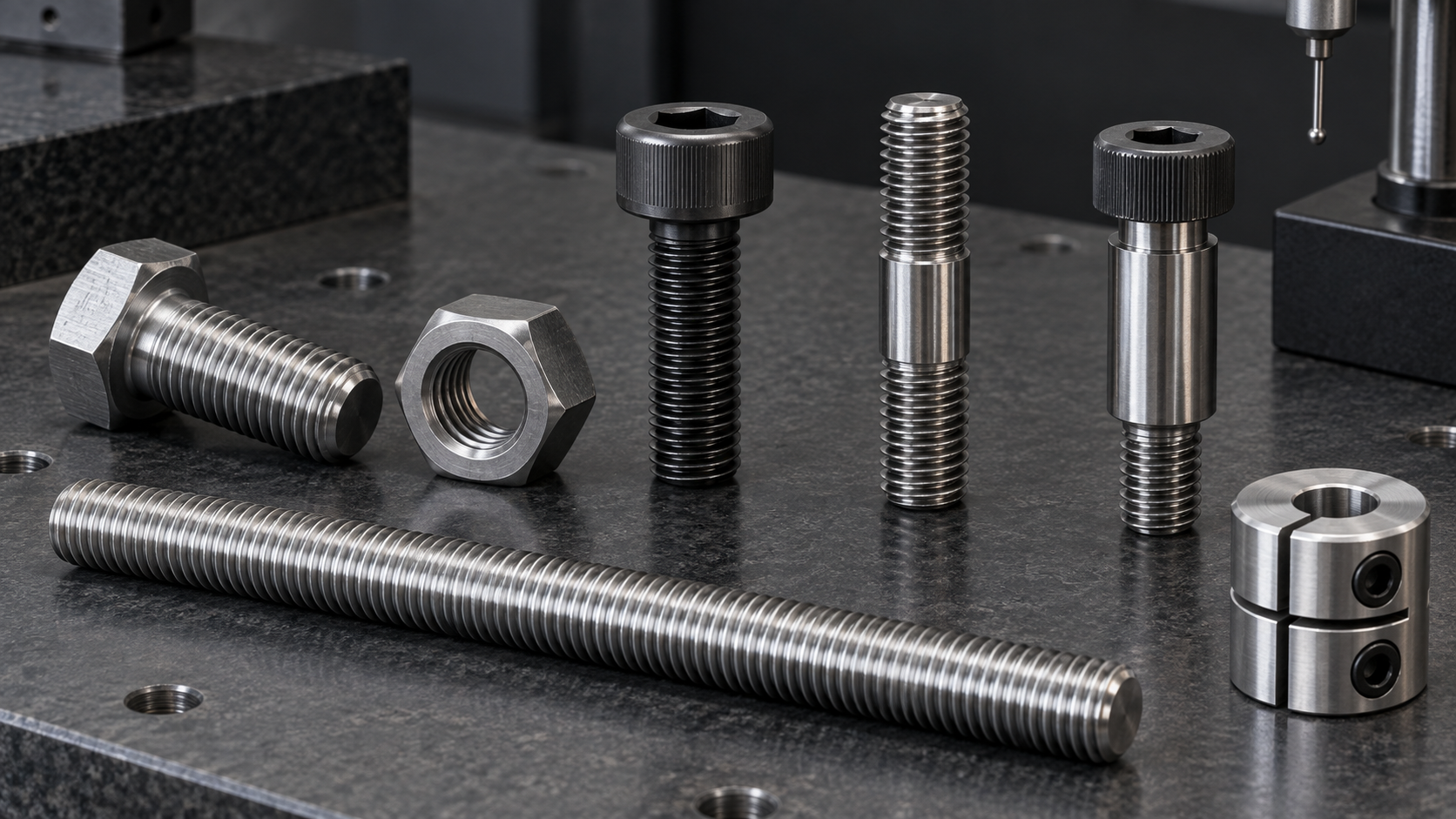 Left-hand threaded bolt, nut, stud, screw, threaded rod, and custom shaft components on an inspection tray