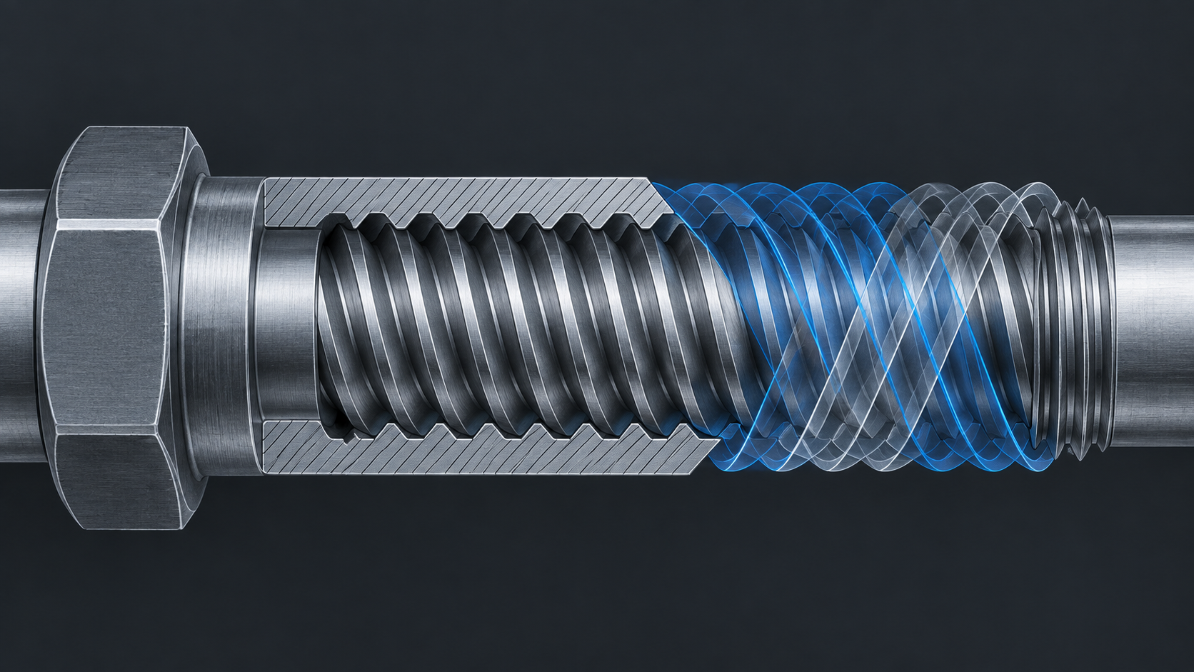Technical cutaway illustration showing opposite helix directions on left-hand and right-hand threaded shafts