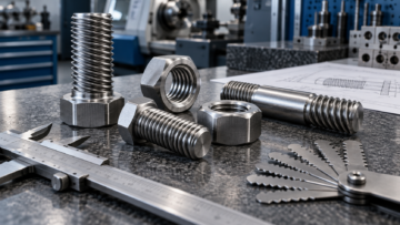 Left-hand threaded bolts and nuts with thread gauge and caliper on an engineering inspection bench