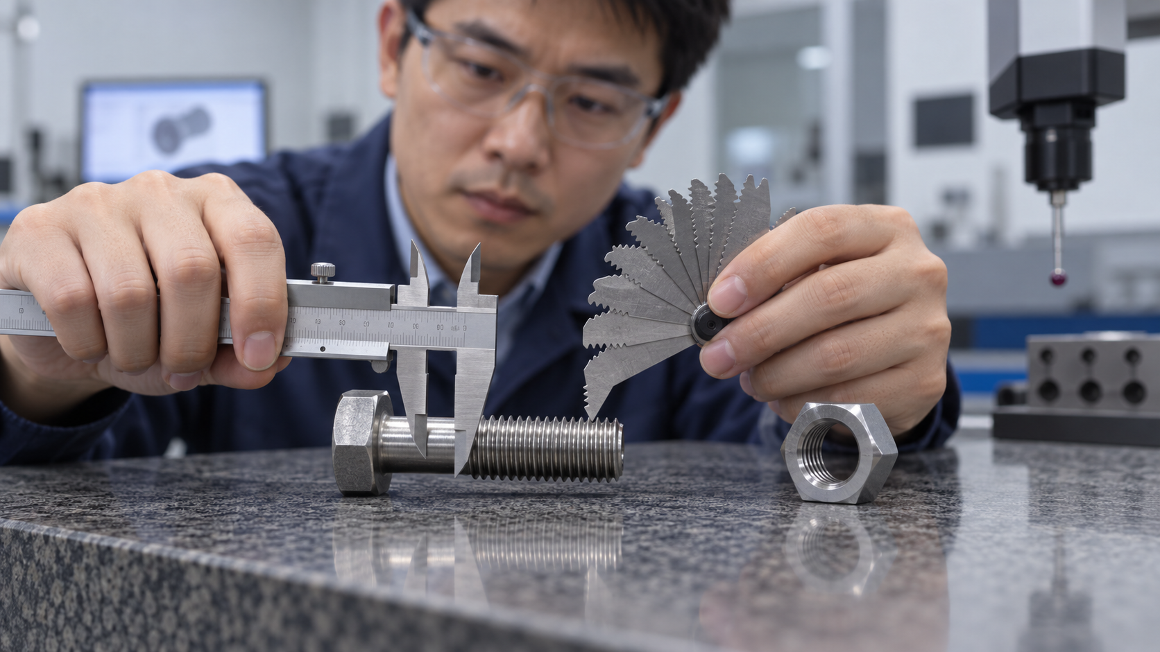 Engineer checking left-hand thread direction, pitch, and diameter with caliper and thread gauges