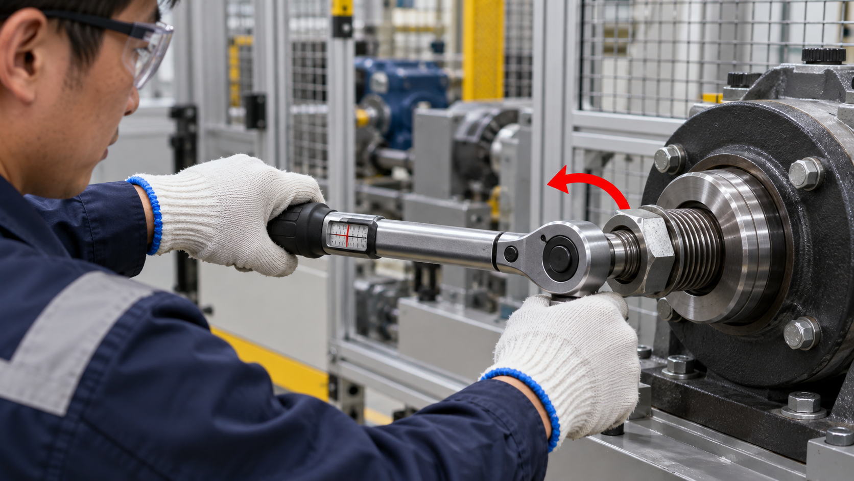 Technician applying controlled counterclockwise tightening torque to a left-hand threaded industrial fastener