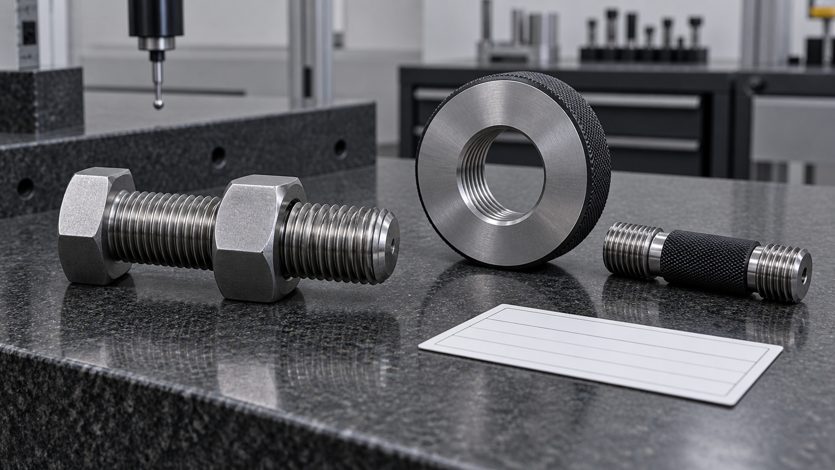 Inspection of a matched left-hand threaded nut and bolt with thread plug and ring gauges