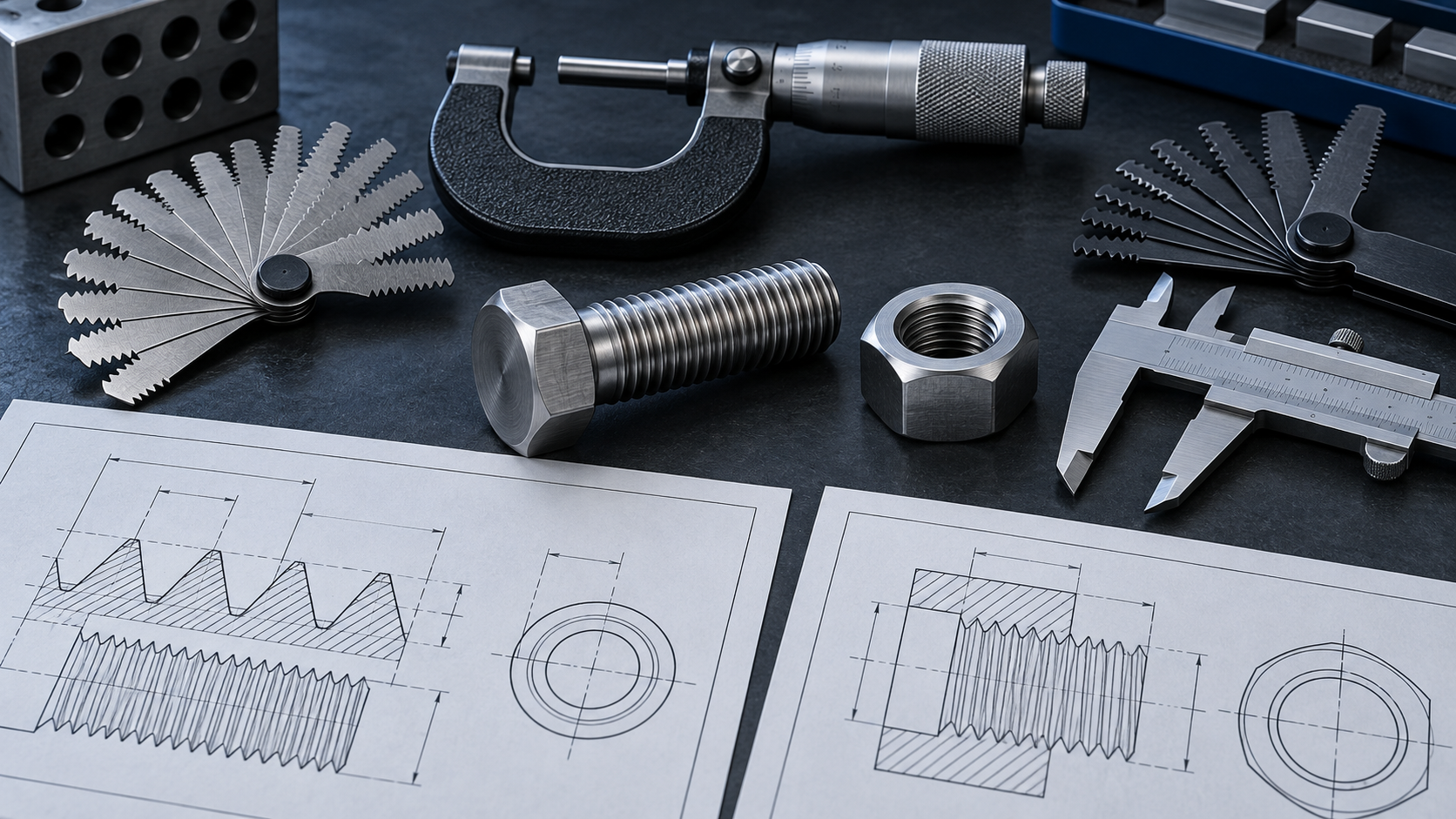 Metric and inch left-hand thread drawings with pitch gauges and specification notes