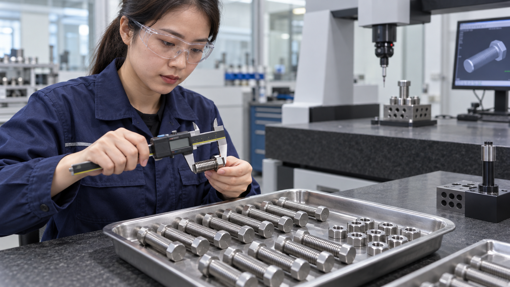 Asian quality engineer measuring left-hand threaded fasteners at a factory inspection station