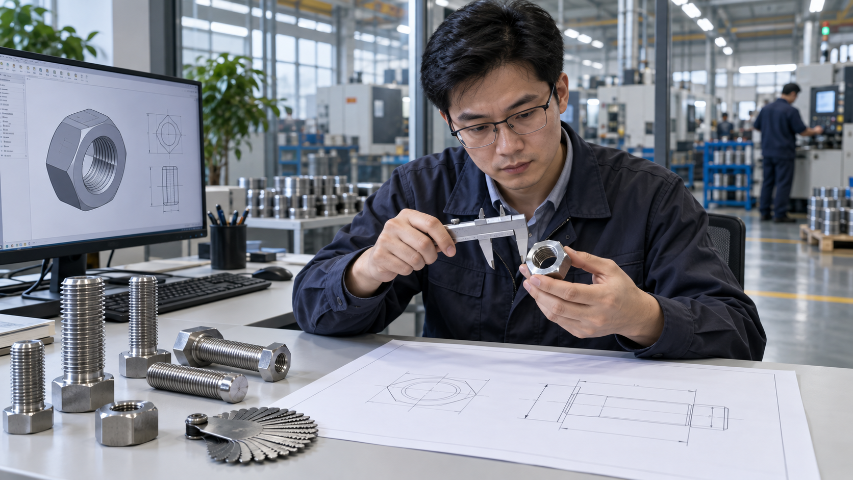 Engineer preparing a left-hand thread fastener RFQ with drawing, sample nut, caliper, and thread gauge