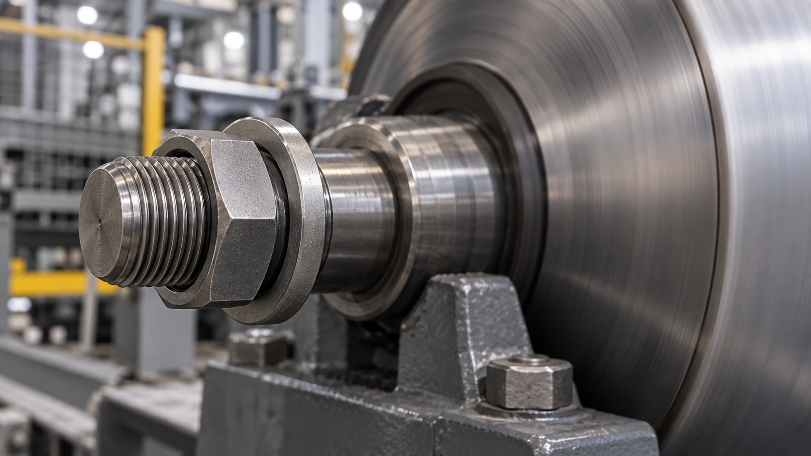 Left-hand threaded retaining nut on a rotating industrial shaft assembly