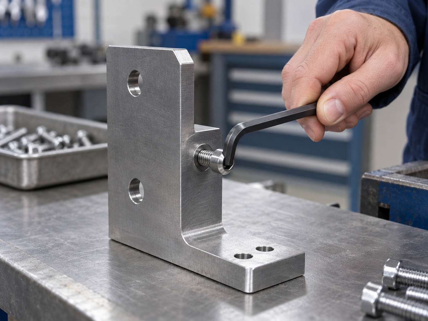 Machine screw fastening a metal bracket into a tapped hole