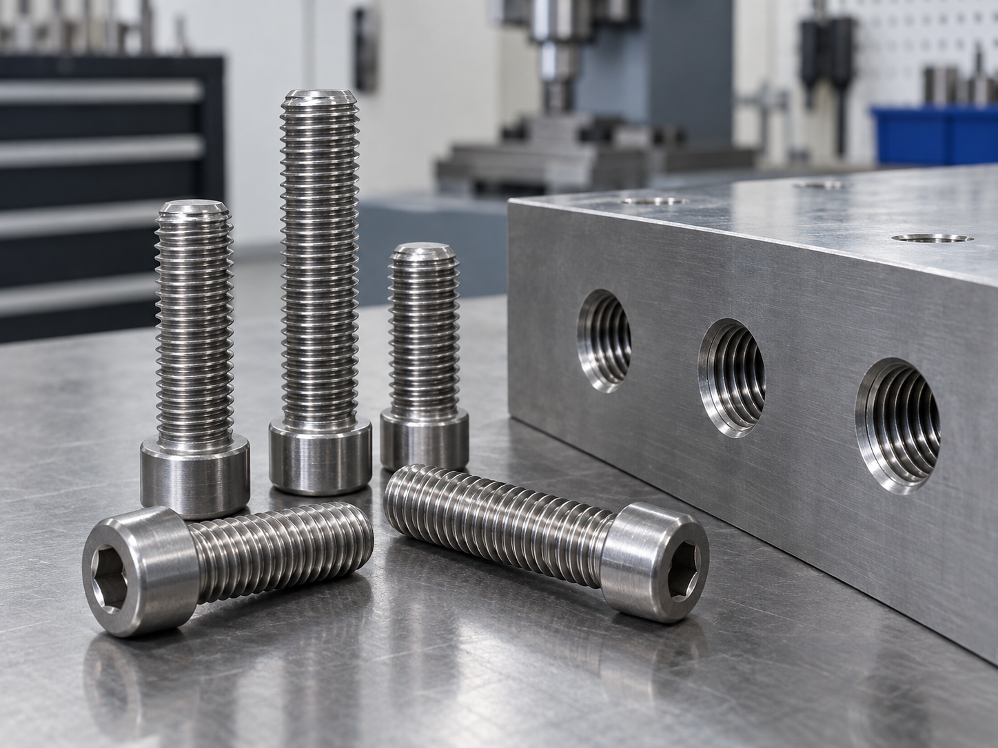 Machine screws with uniform threads and blunt tips beside a tapped metal block