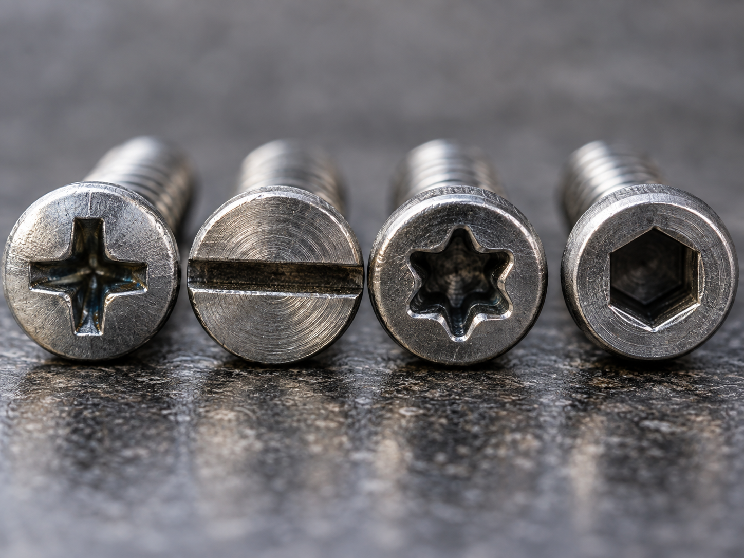 Phillips slotted Torx and hex socket machine screw drives in close-up