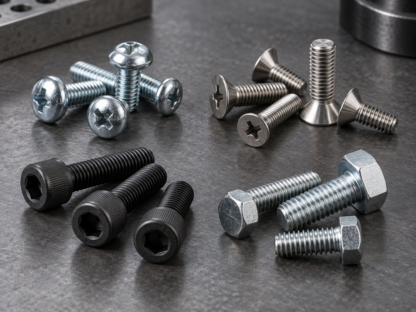 Assorted industrial machine screws arranged by head style on a neutral work surface