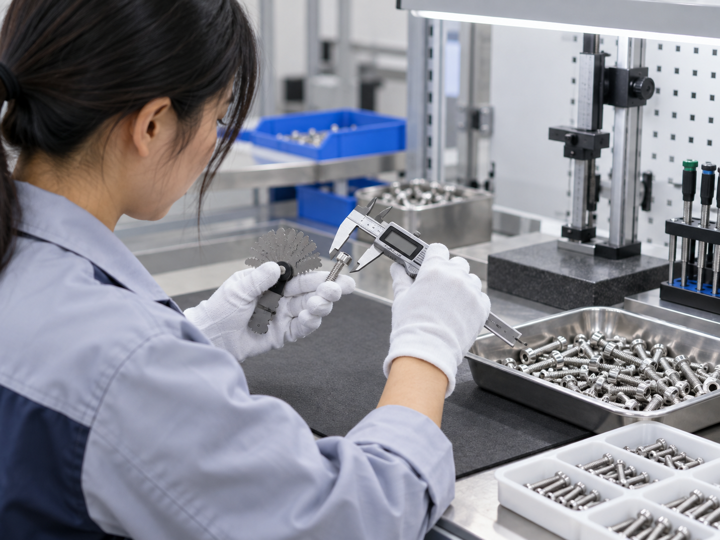 Quality inspection of machine screws with caliper and thread gauge