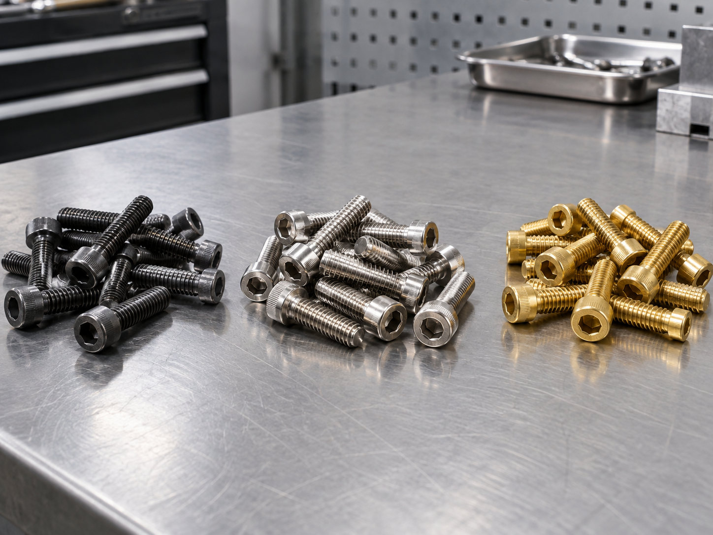 Carbon steel stainless steel and brass machine screws compared on a workbench