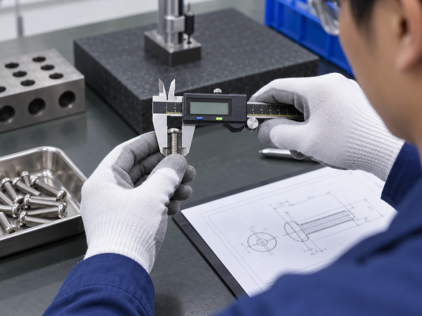 Digital caliper measuring the diameter of a machine screw