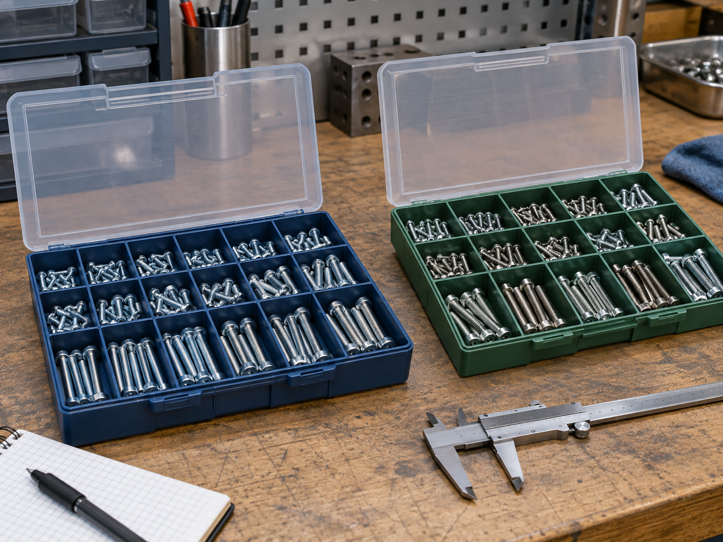 Metric and inch machine screws sorted in separate industrial bins without readable labels