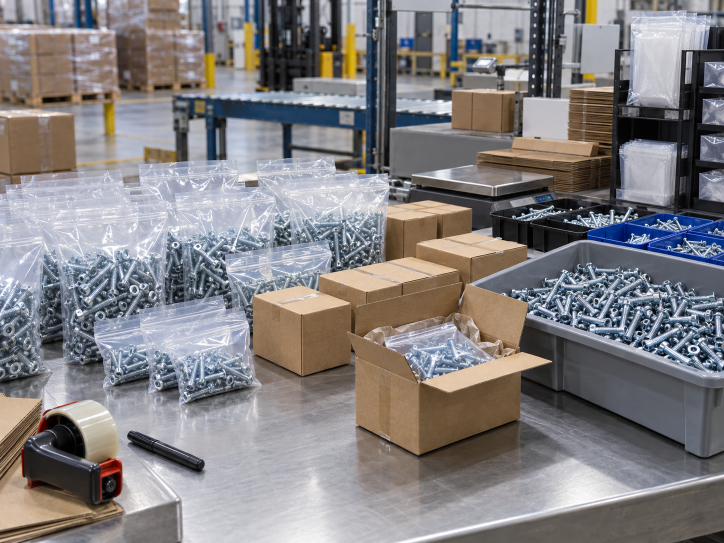 Bulk machine screws packed in clear bags and cartons for industrial shipment