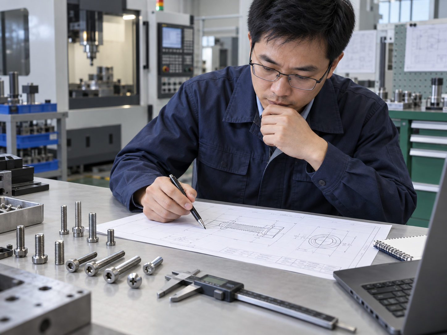 Engineer reviewing a machine screw drawing beside samples and measuring tools