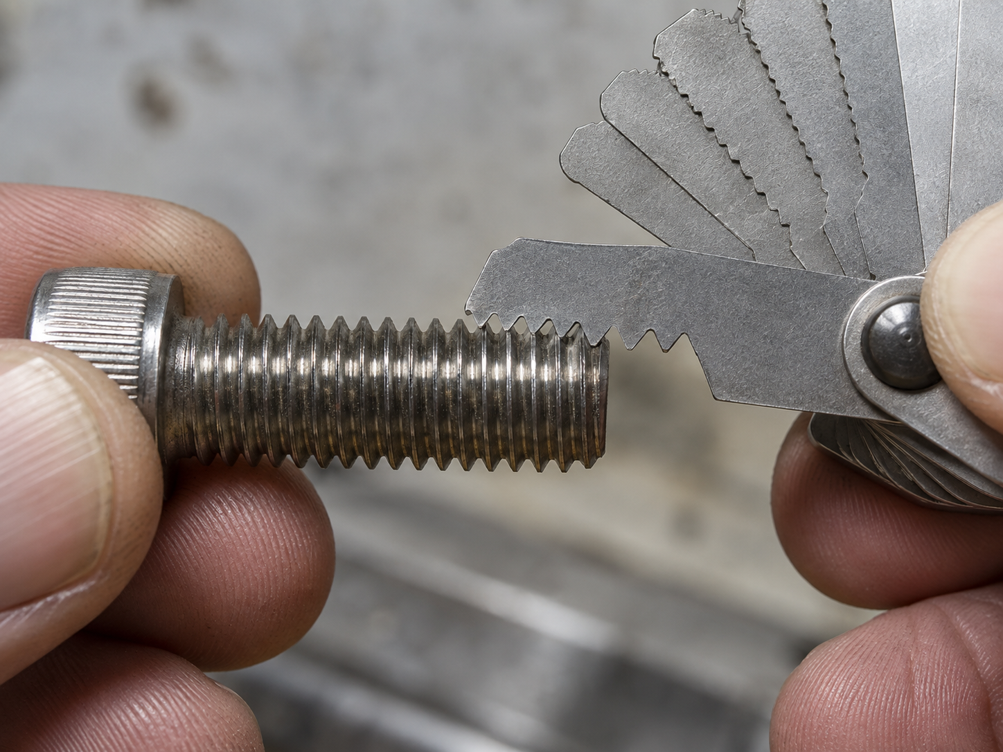 Thread pitch gauge checking the threads of a machine screw