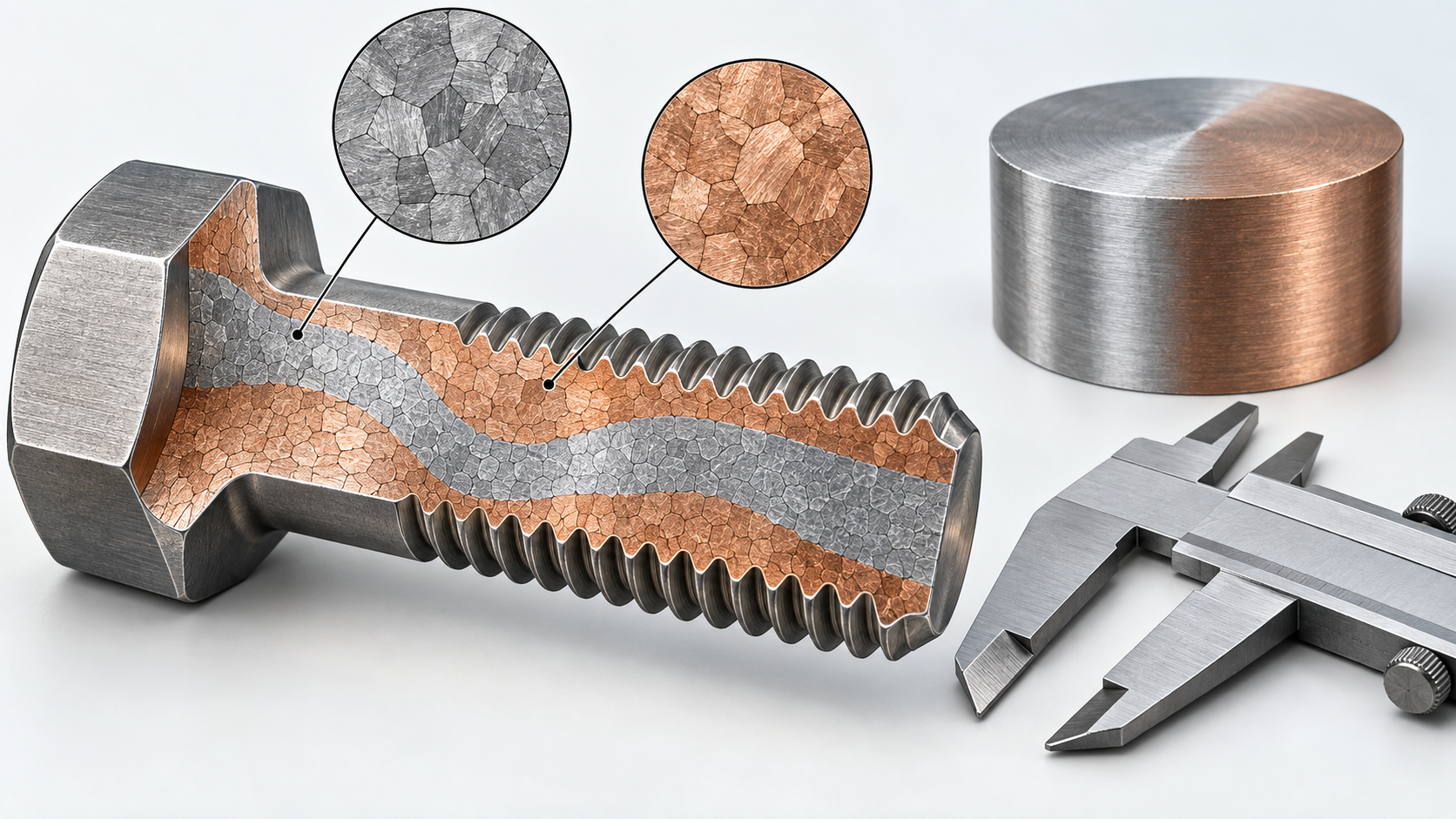 Technical cutaway illustration of nickel-copper alloy structure inside a Monel fastener beside a machined bar