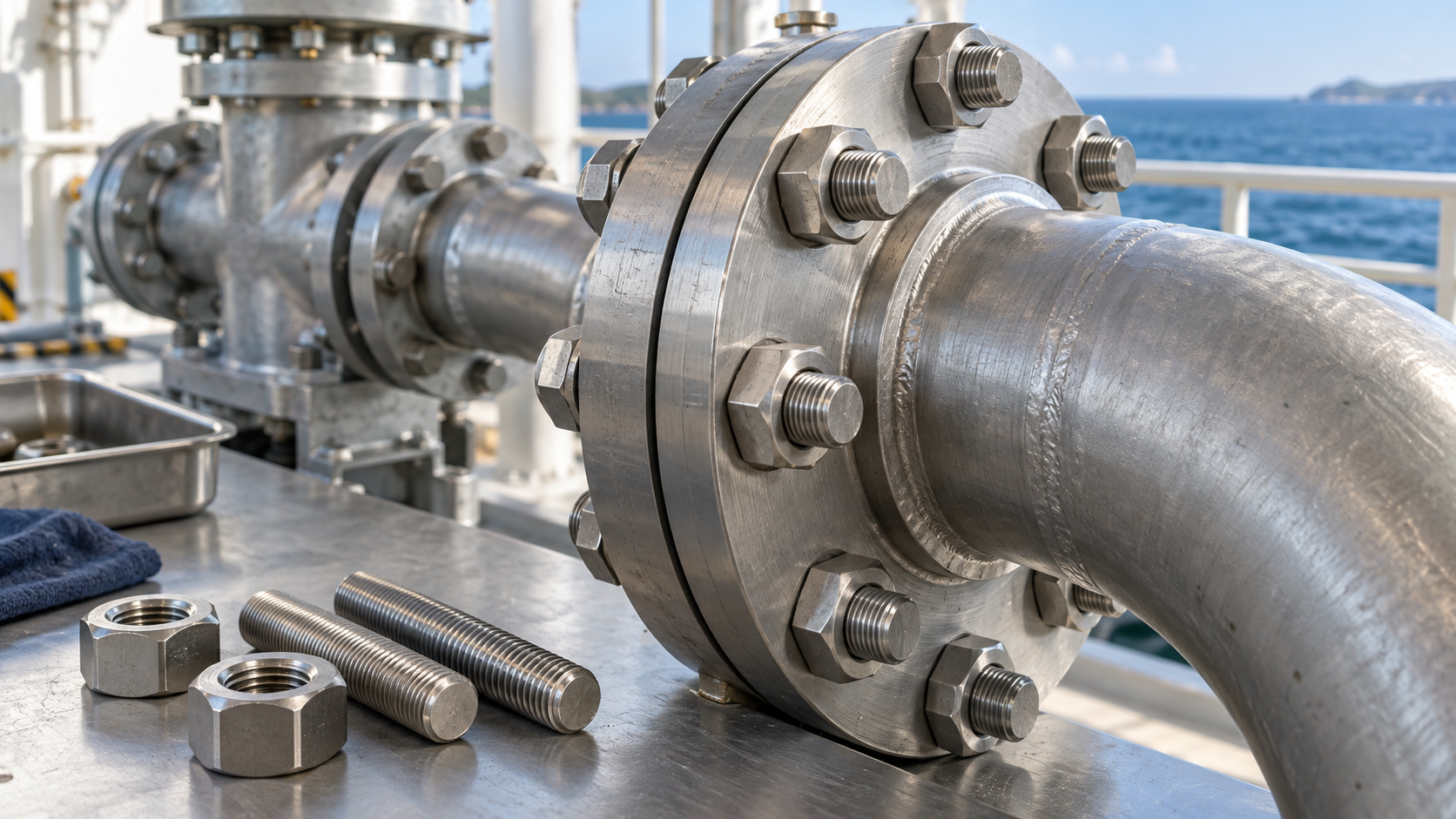 Nickel-copper Monel bolts and nuts securing a marine flange and seawater piping