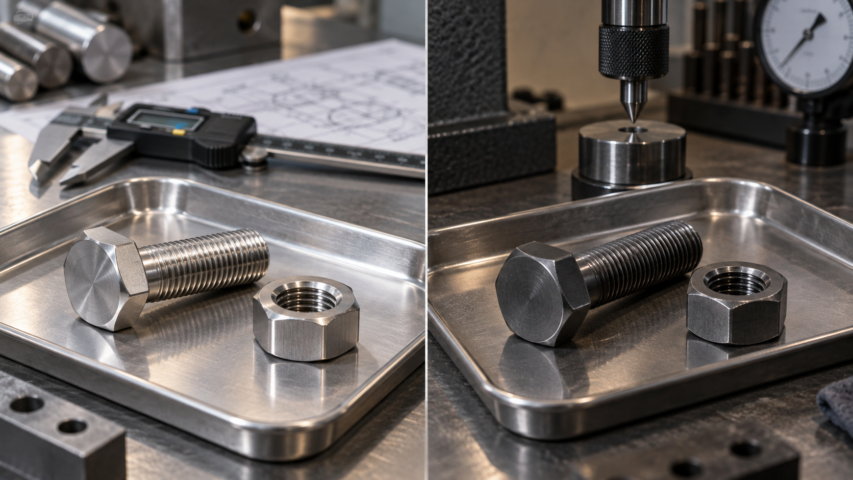 Bright Monel 400 fastener set and darker hardened Monel K-500 fastener set on separate inspection trays