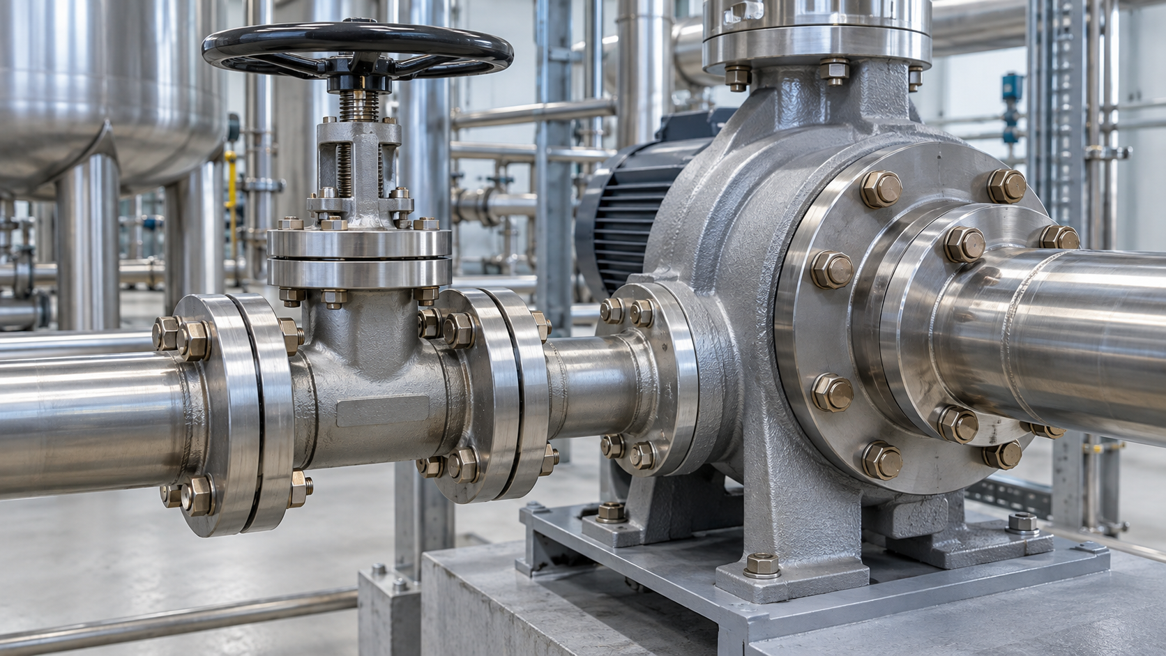 Monel fasteners on a valve and pump flange in a clean chemical processing plant