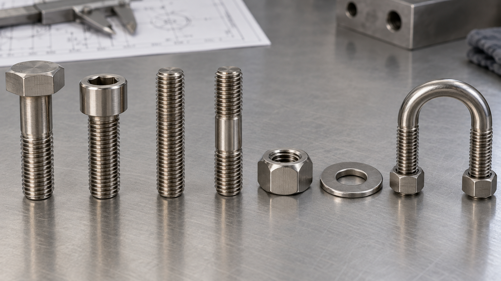 Monel fastener forms including hex bolts, socket screws, threaded studs, nuts, washer, and U-bolt