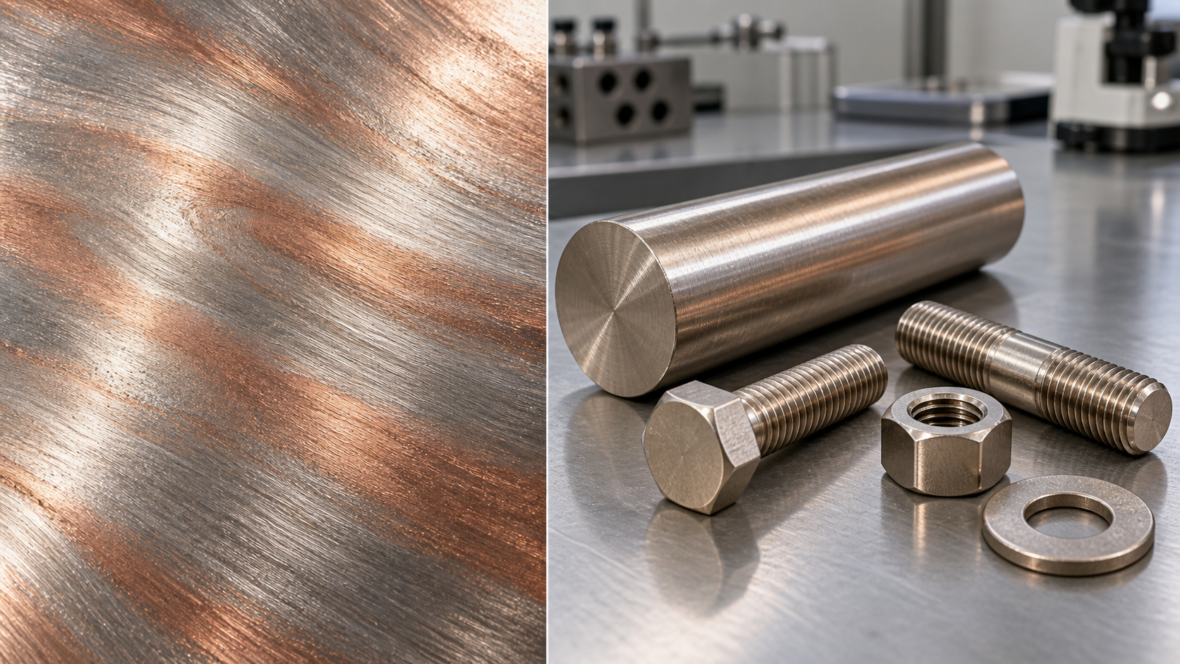 Monel alloy bar and machined nickel-copper bolts, nuts, studs, and washers in a laboratory