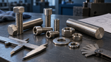 Monel nickel-copper fasteners with caliper and thread gauge on an engineering inspection bench