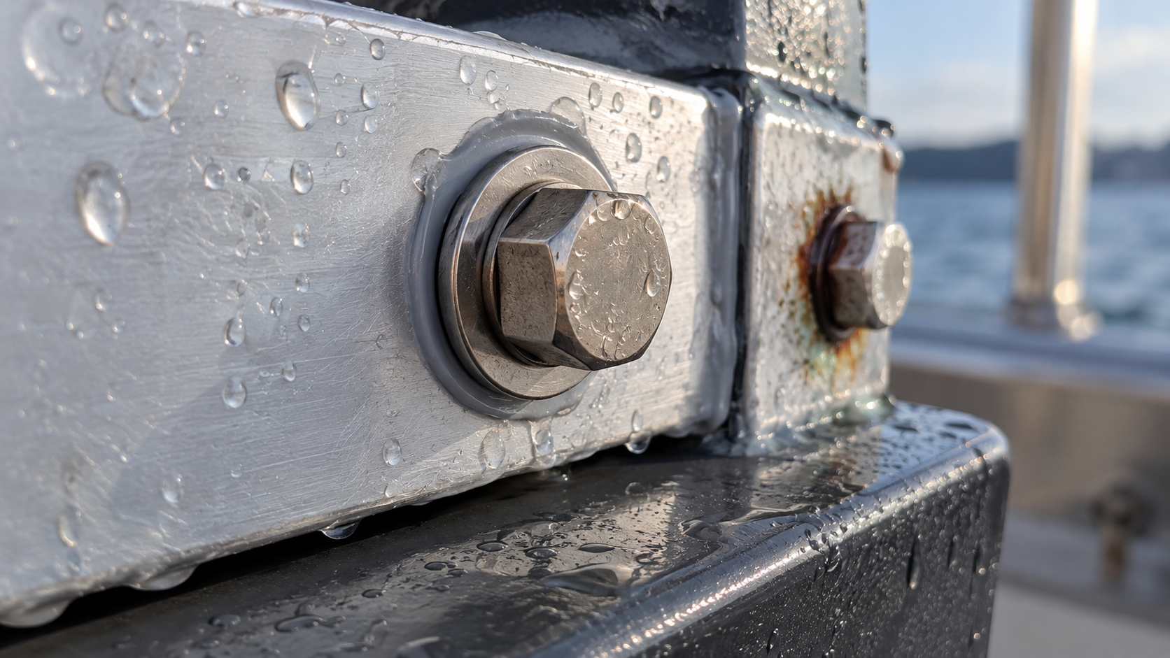 Monel bolt securing a dissimilar aluminum panel at a damp marine joint with localized corrosion risk
