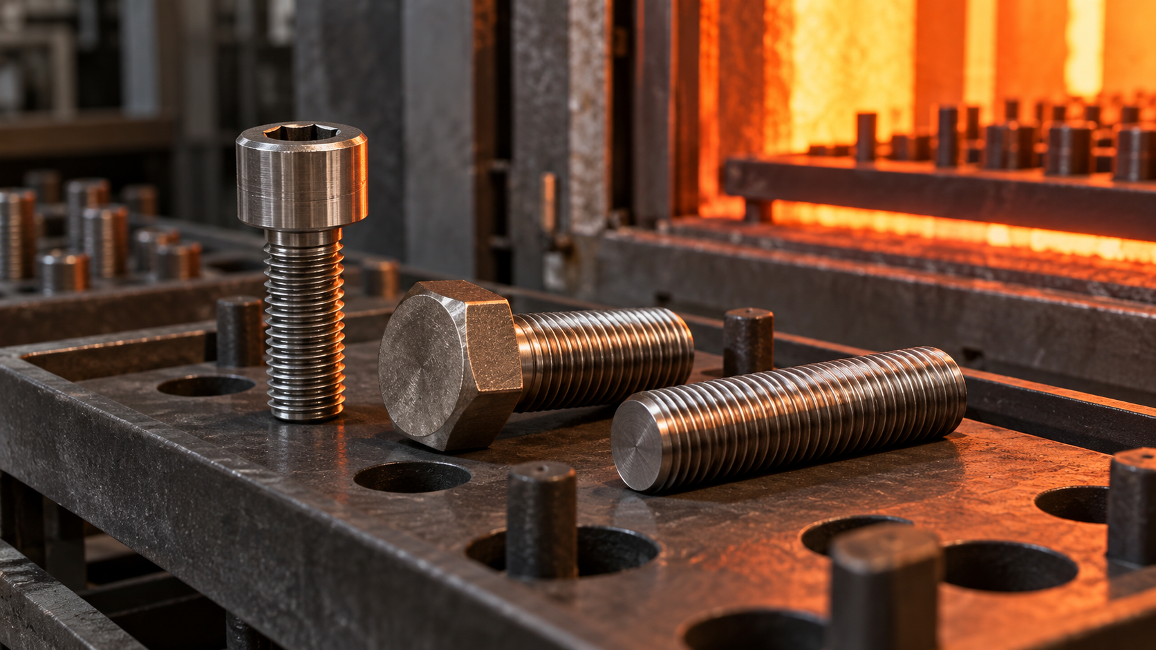 Monel K-500 socket screw and hex fasteners near a controlled industrial heat-treatment furnace